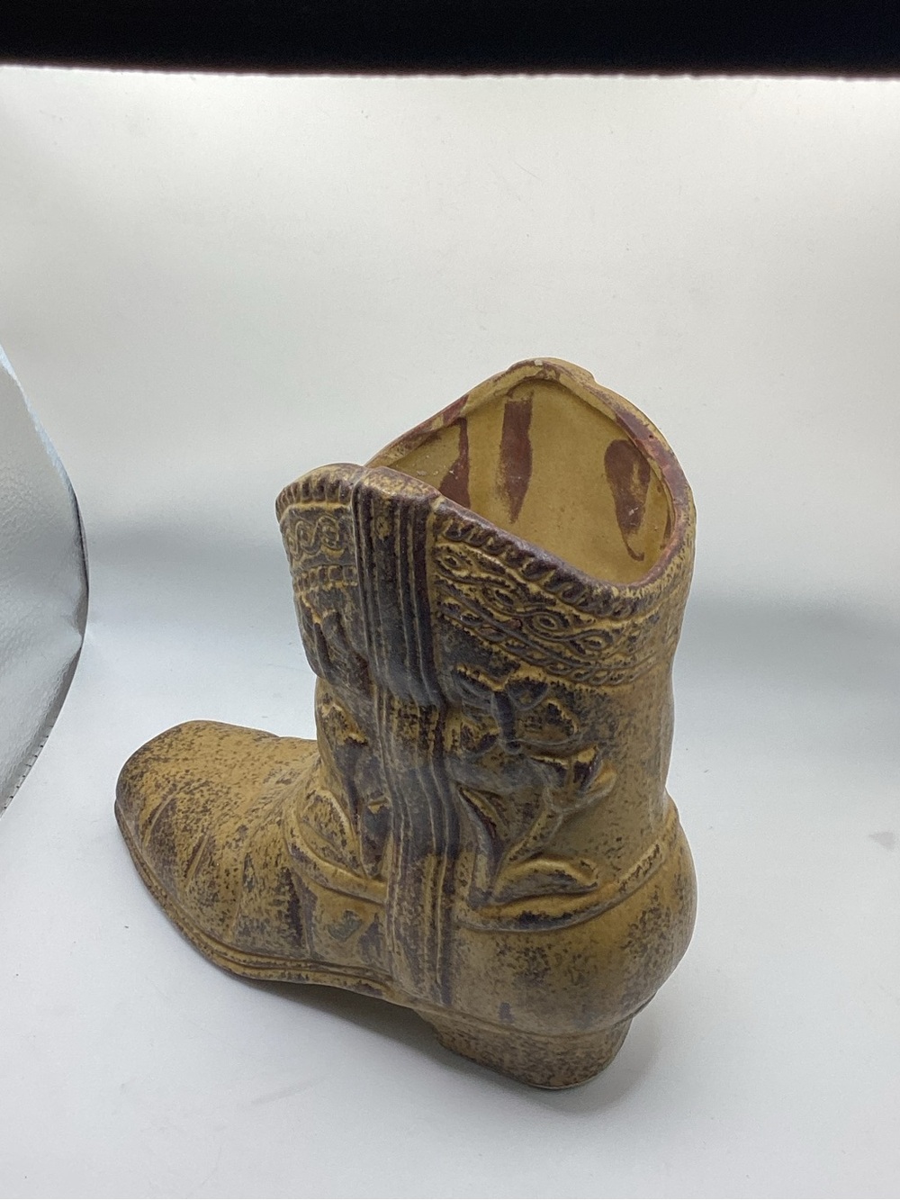 Vintage Clay Cowboy Boot Planter, Brown Glaze Flowers And Butterflies, 6 1/2” - Picture 3 of 4